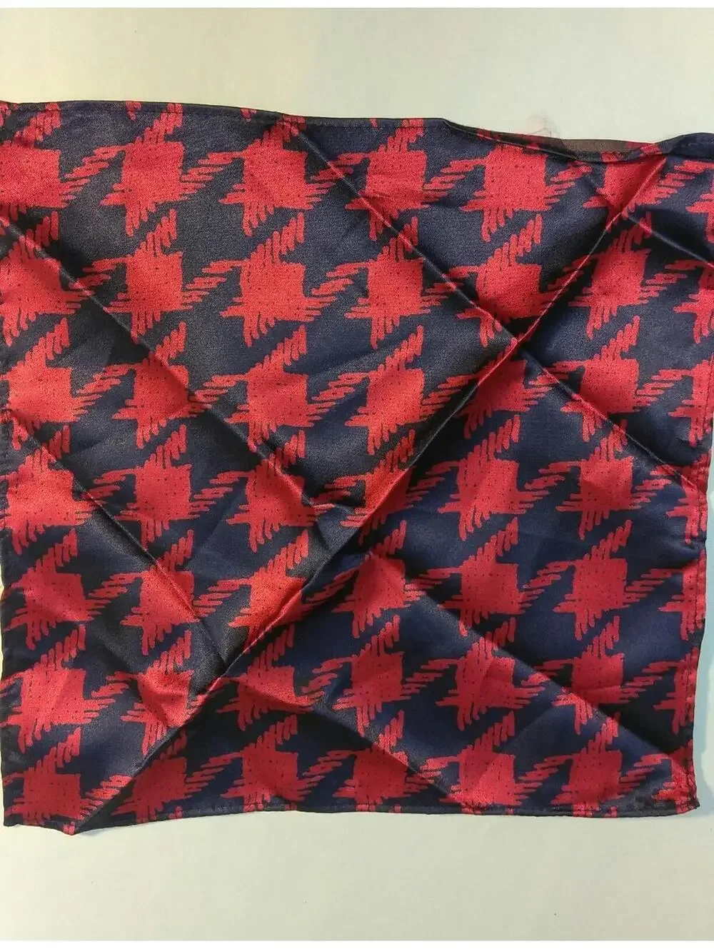 Vintage 70s 80s Men's Houndstooth Handkerchief Hankie Royal Blue Burgundy Red